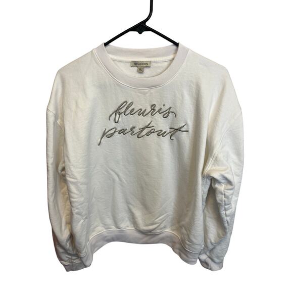 Albion Fit XL White Crewneck Sweatshirt French Embroidery Cotton Top - Picture 1 of 8